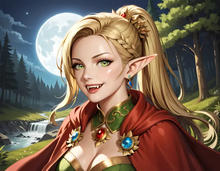 aa picture of a female elf vampire traveling on the forest road, an exquisite beautiful female elf (ultra details, Masterpiece, best quality), gold hair, pale skin, hair in a ponytail, long hair, green eyes, smirking, wearing black silk dress (ultra detail...