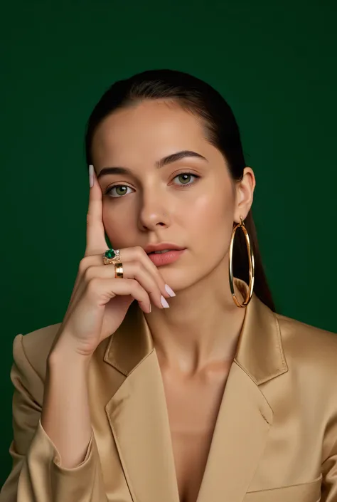 Create an elegant and minimalist scene showcasing a woman with her hand on her face, featuring a ring on her hand. Incorporate the luxurious "Amara" color palette. deep emerald green background to enhance the luxurious feel. The woman should have long, dar...