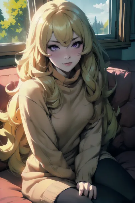 perfect hair, amazing makeup, blushing intensely, smiling, long oversized sweater, black tights, sitting comfortably on couch, window, natural light beaming through window, beautiful face, yang xiao long, purple eyes, small breasts