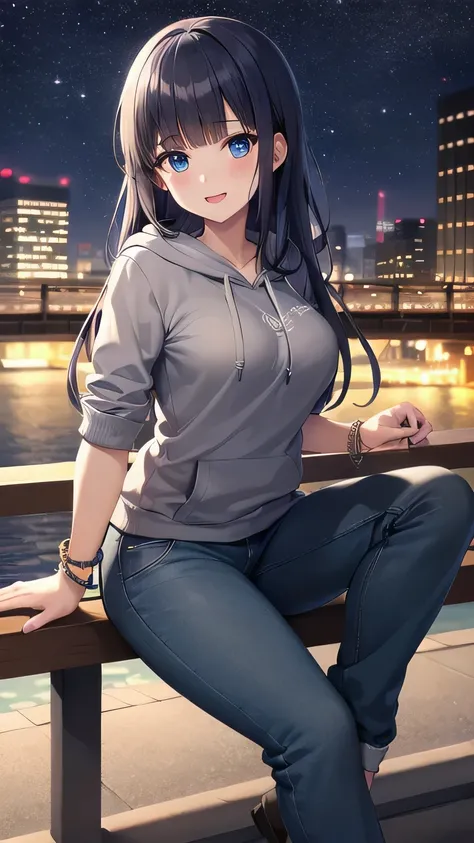 (dynamic lighting), (best quality), (ultra-high resolution),1girl,happy, large breasts,dark blue hair,blunt bangs,long hair, light blue eyes,slim,grey hoodie, baggy pants, bracelet,night,sitting,on ground, under the bridge,