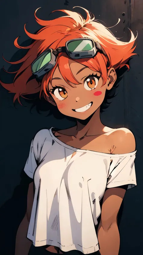 Edward, 1girl, solo, retro artstyle, red hair, orange eyes, blush stickers, goggles on head, big smile, ^_^, white loose shirt hanging off shoulder, one breast showing, one nipple showing, small breasts, tight black shorts, looking at viewer, waving excite...