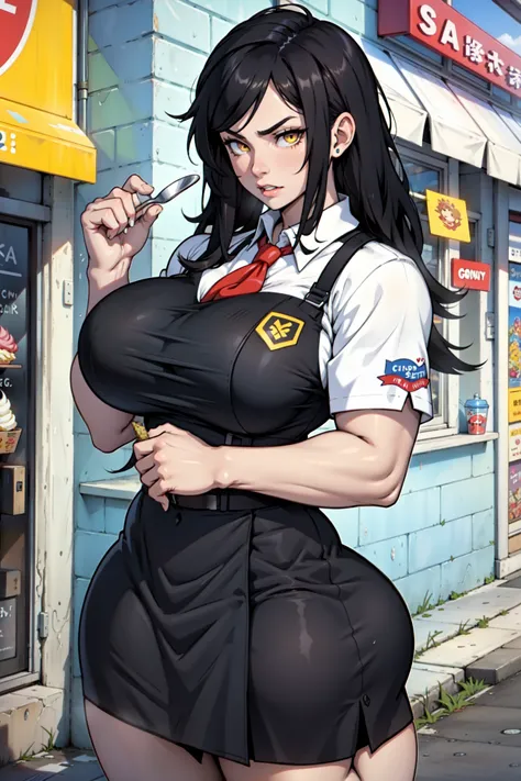 ice cream shop ice cream shop uniform black hair yellow eyes pale skin girl massive breasts huge muscles coy coy expression coy 