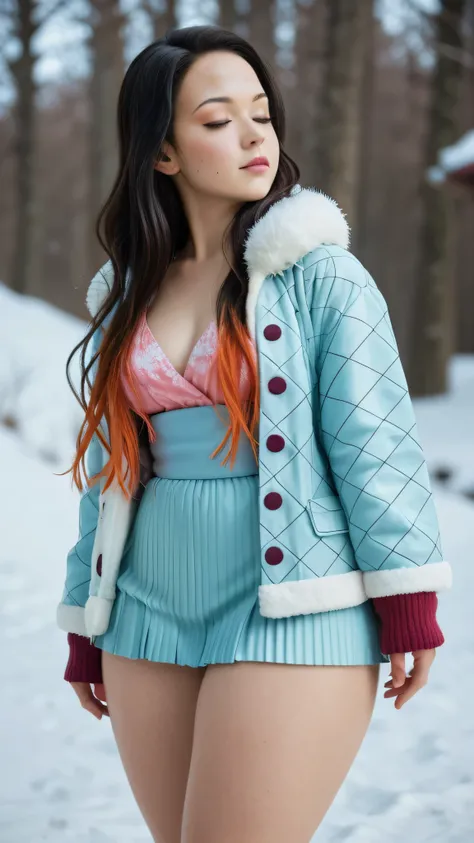 Nezuko Kamado /  KIMETSU NO YAIBA, Bicolor fur,   A woman   ,  long hair,   Eyes Closed, serious look,  she opted for a mini winter dress ,    medium breasts,   Not suitable for work ,     big ass,   thick thighs ,   wide hips  ,  from the side