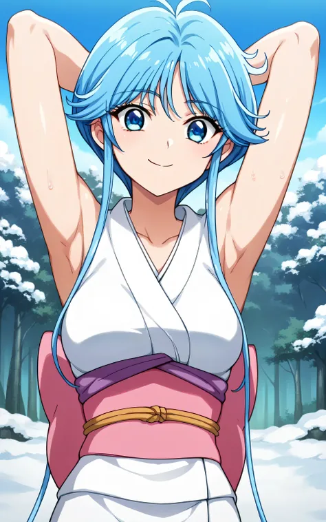 score_9, score_8_up, score_7_up, source_anime, anime screencap, 1girl, solo, yukime, light-blue hair, blue eyes, short hair with long locks, medium breasts, white kimono, short kimono, sleeveless, obi, arms behind head, armpits, head towards viewer, lookin...