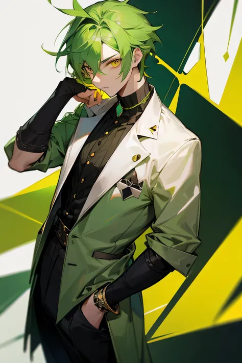  guy, green hair, yellow eyes, in fashionable clothes, 