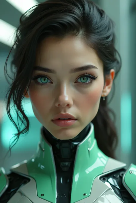 A futuristic female android with a highly detailed, realistic face and expressive blue-green eyes. She has smooth, metallic features with a sleek, modern cyberpunk-inspired green and silver exosuit. Her hair is styled elegantly, giving a balance between hu...