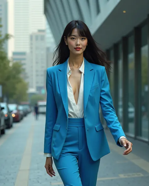 (((Full body view:1.3))), Cinematic photography of a skinny tall beautiful China sensual supermodel Liu Wen in a very very revealing duotone white and blue color suit posing sensually on the sidewalk next to a modern art gallery with futuristic geometric a...