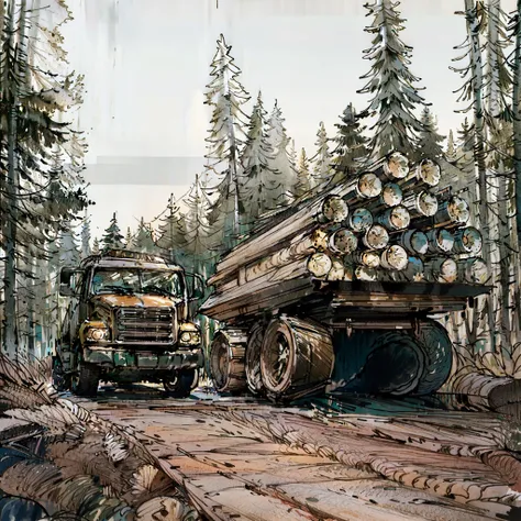 there are two Trucks that are hauling logs down the road, forestry, logging, Stock Photo, DENSE FOREST outside, DENSE FOREST, Lumberjack, large trees, wood trunks , , Clean forest, forest clearing , stock image, Truck, shutter, Photo number, cut, The ph...