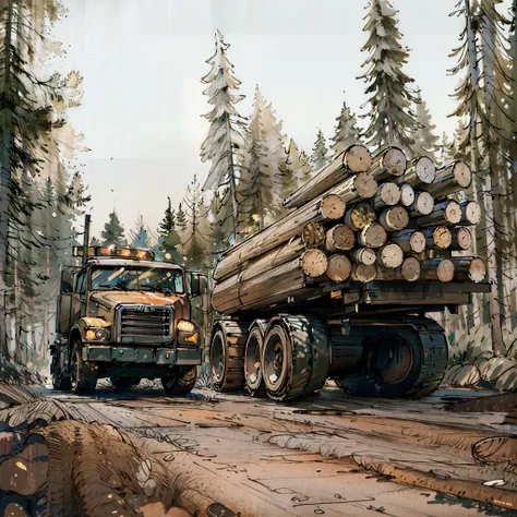 there are two Trucks that are hauling logs down the road, forestry, logging, Stock Photo, DENSE FOREST outside, DENSE FOREST, Lumberjack, large trees, wood trunks , , Clean forest, forest clearing , stock image, Truck, shutter, Photo number, cut, The ph...