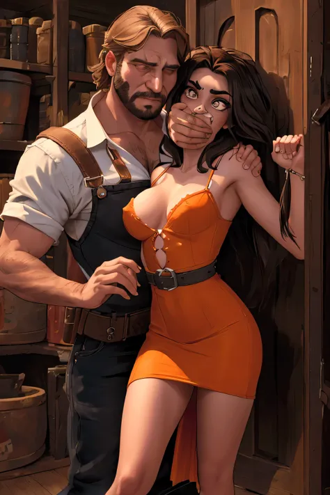 high detail, masterpiece, dramatic scene, she is attacked from behind by a dirty ugly man, she is handgagged by a man, her mouth is covered by the strong hand of the man, the beautiful girl is wearing a tight transparent light orange dress, the dress is ve...