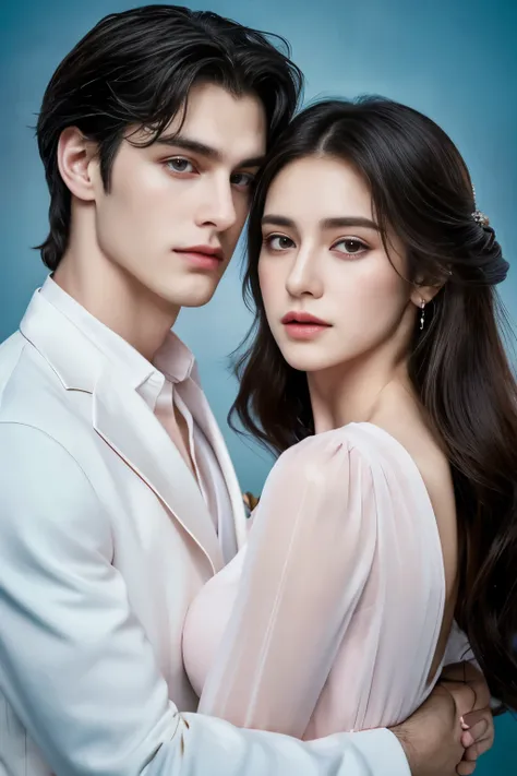 Modern. Elegant couple. Russian. Handsome masculine man and beautiful girl. Taller man. Dark hair color. Very detailed face. pretty eyes (perfect eyes). 8K resolution. Masterpiece. Fair skin. Look at the viewer. Pastel color, blurry background. Motorsport