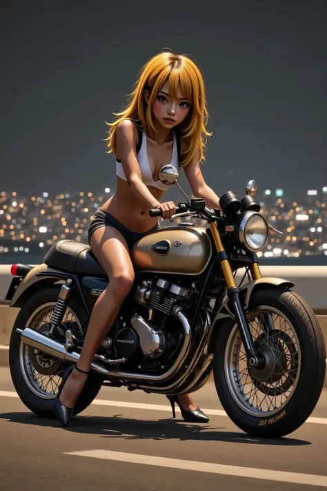  tuned cafe racer motorcycle, １９８３One girl riding a Honda CBX400F ,  matte brown skin ,  small breasts, video, yellow hair,  invitation,  Top Quality ,   textured skin,  thin legs  、  high heels、  movie light effect, Summit、 Big City Night View 