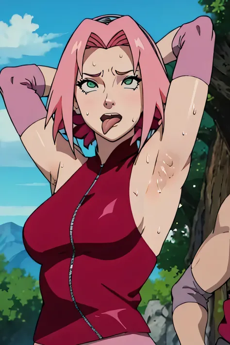 Sakura Haruno,human woman with fair skin.with green eyes and red clothing. Her hair is long and pink in color; She is beautiful. Fair skin.Tsundere face. Pink eye shading,mature appearance,armpits,sweat,sweaty,sweaty armpits,arms up,showing armpits,awesome...