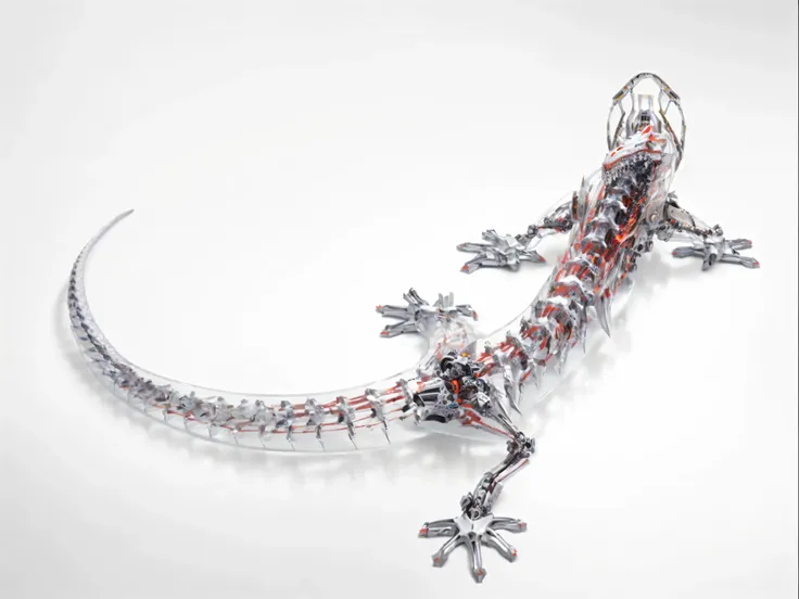 lizard made of metal and glass on a white surface, a dragon made of machine parts, made out of clear plastic, intricate mechanical body, snake skeleton, biomechanical sculpture, mandelbot fractal anatomical, made from mechanical parts, realistic glass scul...