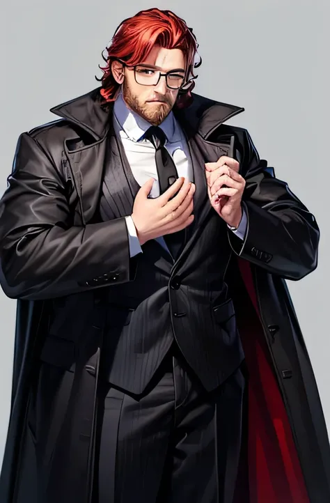  A man with disheveled red hair curled up to his neck , wearing glasses with a large round base and wearing a completely gray suit totally huge for its size,  with an enormous black overcoat that even covers his hands above everything, and a white finishin...