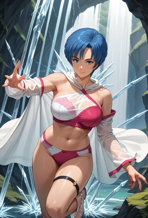 ,((MANY Huge icicles grab her bra and panties and she can't move:1.47)),(Action pose),((anime colorin:1.2)),((From her fingertips electricity)), closed mouth, Her hairstyle is short bob,((Trim her bangs)),blue hair color, ((large breasts)),curvy,inverted t...