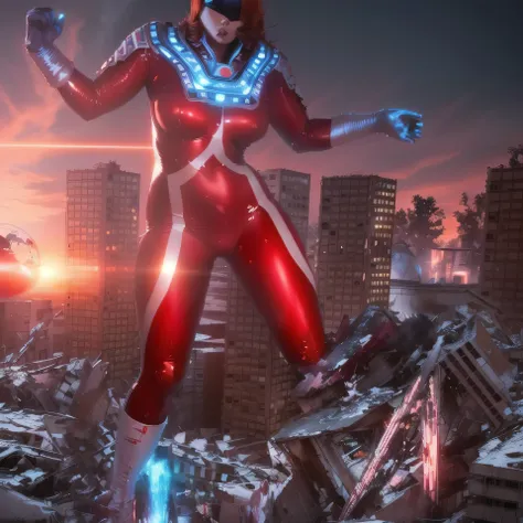 ULTRA SEVEN，What a Japanese giant hero looks like in a kick, Young and beautiful woman ULTRA SEVEN, red giant, Giant destroying a city,  Huge Beautiful Woman , Giants crossing buildings,  tight red bodysuit white boots, It digs into my crotch，Summer daytim...