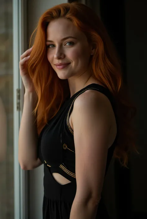 8k, RAW photography of Madelaine Petsch, full body shot, shot taken from far of a beautiful redhaired woman, The model is posing at the window in black cut-out dress with gold details, touching her hair, there are shadows, green eyes, skin with pores, ligh...