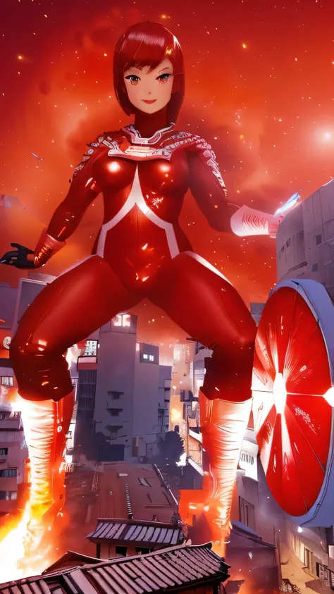  Japanese giant hero daytime appearance , ULTRA SEVEN, Red giant, Giant destroying a city, huge woman , A giant standing in a valley of buildings, red bodysuit white boots, It digs into my crotch，Summer daytime， Against the Background of a Destroyed Town，H...