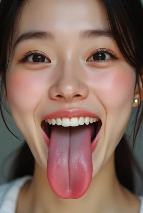 32k 8k super high image quality masterpiece, well-groomed face, realistic eyes, wide opening, eyes wide open, focus on the face, like real reality, a smile pointing straight at you like in a photo, showing a wet tongue, akkanbe, beautiful tongue, thick ton...