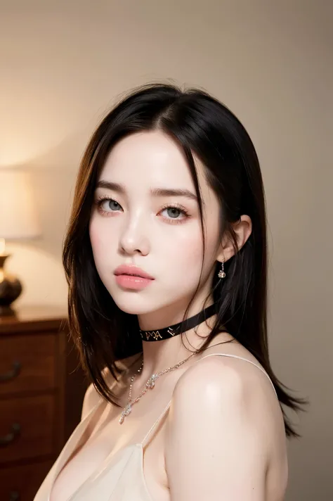 best quality,4k,8k,highres,masterpiece, ultra-detailed,(realistic,photorealistic,photo-realistic:1.37),gorgeous hair, jet black hair,plump lips, necklace,(high detailed skin:1.4), a photorealistic close up of a 23 year old ulzzang Korean woman who has a br...