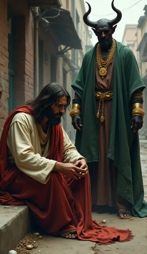 Sad and poor Jesus in old and dirty clothes sitting on a street floor and the devil next door looking at him in modern robes and gold jewelry and an ultra realistic gold watch