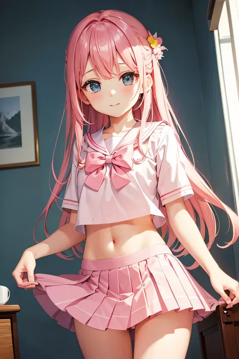 Beautiful illustration、top-quality、cute girl ed room、A pink-haired、length hair、(((Pink pleated skirt)))、(((pink sailor suit)))、shortsleeves、Colossal tits、a navel、Flipping up the skirt with your hands、Show white panties、Please lift up your skirt and show me...