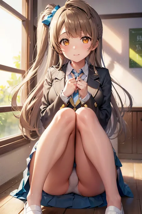 Minami Kotori、Minami Kotori、brown hair、(brown eye degree:1.5)、one side up、Hair ribbon、ribbon、length、break the blazer、blue skirt、Jacket、Otonokizaka Uniform、pleated skirt、school uniform、Winter clothes、Looking for break viewer、Indoor break、classroom、break (ma...