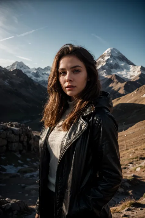 a beautiful russian girl with long blonde hair and bright blue eyes,wearing a black coat,standing in front of the majestic mount elbrus,extremely detailed and realistic 8k,cinematic lighting,dramatic shadows,dramatic atmosphere,chiaroscuro lighting,photore...