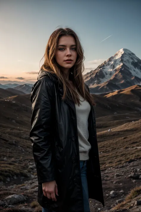 a beautiful russian girl with long blonde hair and bright blue eyes,wearing a black coat,standing in front of the majestic mount elbrus,extremely detailed and realistic 8k,cinematic lighting,dramatic shadows,dramatic atmosphere,chiaroscuro lighting,photore...