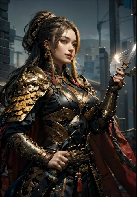   high resolution, soft light, 1 woman, only,...,  slim figure,  glowing skin on one hand,  Big Breasts ,  showing breasts ...., ( very detailed face),  beautiful Chinese armor, Mellow expression , smile, Woman stroking a weapon, Closeup of a woman holding...