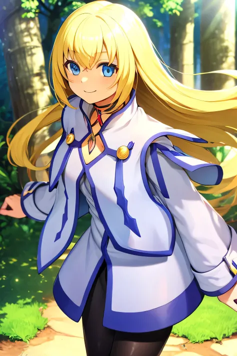 perfect anatomy best quality , highest resolution,((Clothes with metallic luster Shiny Black Tights shiny blonde hair blue eyes girl))) TALES OF SYMPHONIA Collet Brunel smile forest