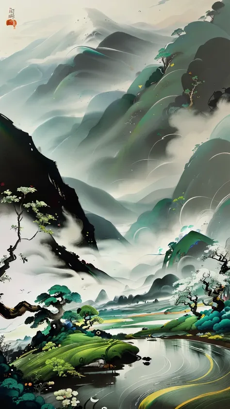 masterpiece, best quality, Chinese ink painting style, an early morning St. Patrick's Day where lots of shamrock plants are surrounded by a vast green forest and a colorful rainbow is behind the mountains in the background,  Daoist inspired, Taoism, beauti...