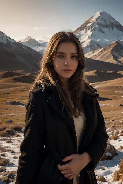 portrait of a beautiful Russian girl with long blonde hair and bright green eyes looking at the camera, dressed in a black woolen, textured coat, standing against the backdrop of the majestic Mount Elbrus, facial skin with maximum sharpness without retouch...