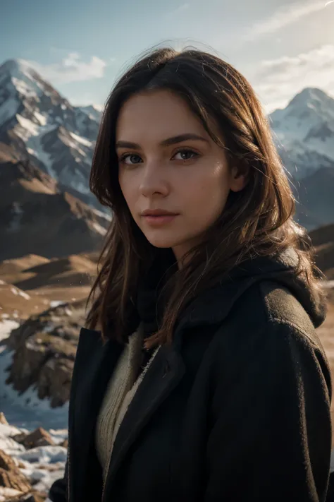 portrait of a beautiful Russian girl with long blonde hair and bright green eyes looking at the camera, dressed in a black woolen, textured coat, standing against the backdrop of the majestic Mount Elbrus, facial skin with maximum sharpness without retouch...