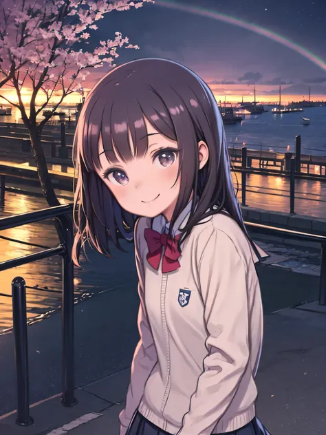  highly detailed background ,  1 girl, Alone,  watching viewers with the harbor at night in the background , The rainbow is crazy,  school uniform,smile, Cherry Tree, 