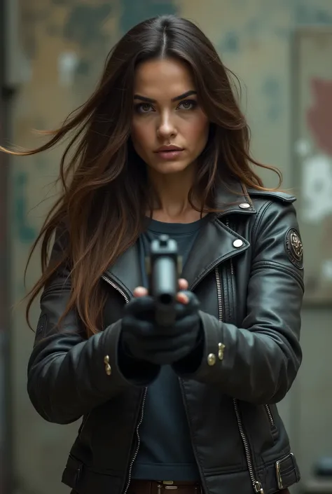 Brown hair woman leather jacket gun real wallpaper 