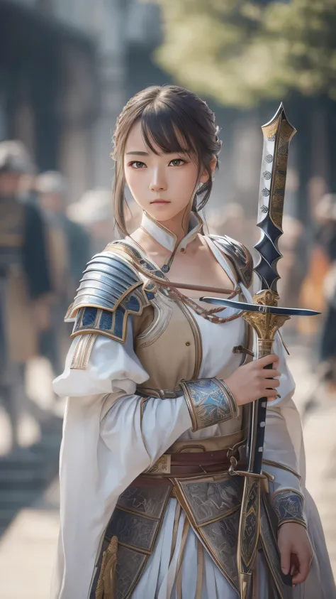 Masterpiece,  Top Quality  , 8k, Female Swordsman,  RAW photo ,  Award Winning Portraits , alone, knight , Knight's dignified attire, Idol&#39;s face, Gardenia,  delicate girl, Full body high definition image,  dslr  ,  watch viewers  , frank, Sophisticate...