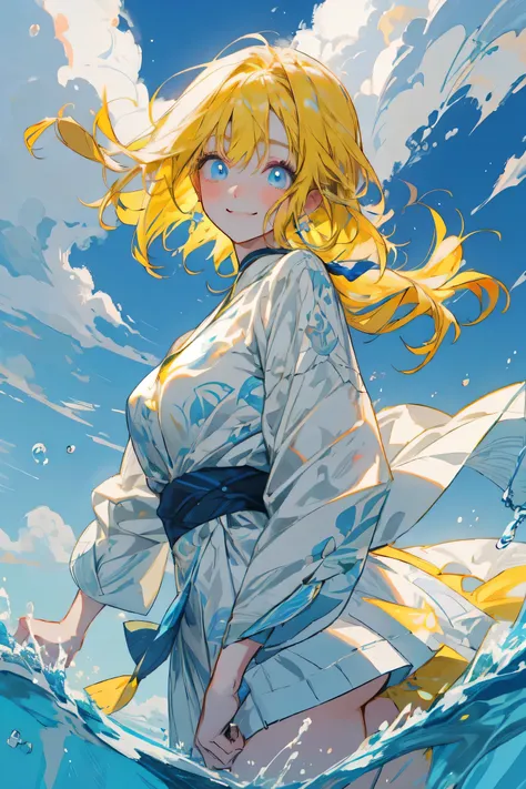 女の子が水で遊んでいる , smile ,  Medium Full Shot , One woman , background Water blow、yellow hair,  blue eyes, i wear bikini,胸, 