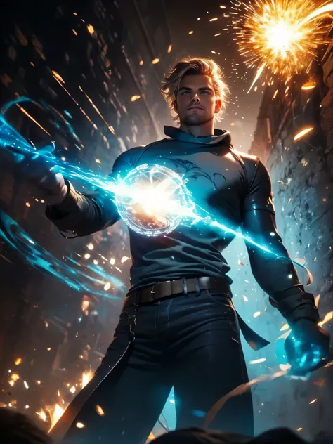 A man, wearing blue jeans, wearing shirtless, wearing silver jewelry, blond hair, blue eyes, holding a staff, in dark alley, nighttime, dim light, battle stance, hyper detailed, digital art, studio quality,  particle effects, (glow around body), (floating ...