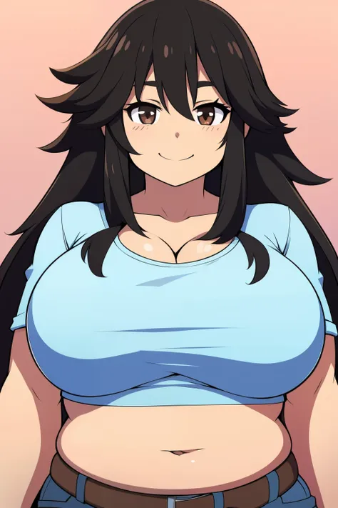 Chubby big boobs black hair brown eyes happy long messy hair smile