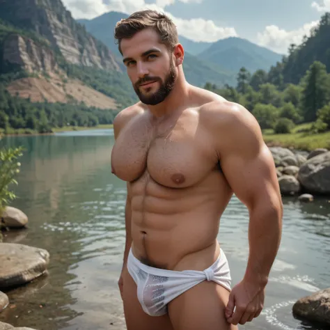 bright colors, Strong man, big ass, ultra realistic, latim man, beard, pubic hair, hairy chest, bulge, best quality, realistic, depth, magical place, oriental landscape, lake, the man is only in towel with sample body inside a beautiful and transparent lak...