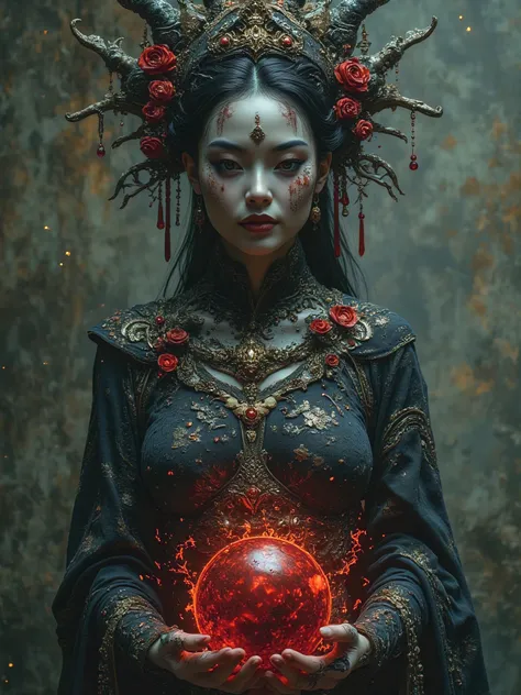 oriental woman, witch, chaotic, Gray skin and magic all over the body