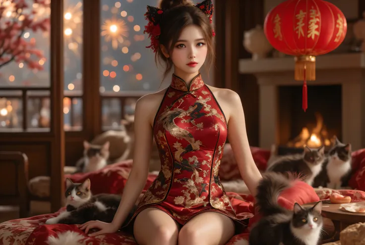 Cat ears、 face up, attractive, pretty girl, ponytail、 (( fine facial features , eroticism)), dramatic lighting , realistic , 8k, Dramatic Shadows , intricate and elaborate patterns , Chinese paper fans with pink feathers at outline, super detailed photo , ...