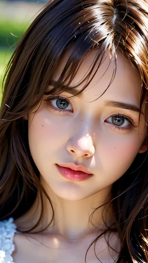 (RAW photo, highest quality), (realistic, Photoreal:1.3), table top, crying face, very delicate and beautiful, soft light, (brown hair, Shoulder-length straight hair sways in the wind), beautiful detailed girl, highly detailed eyes and face, beautifully de...