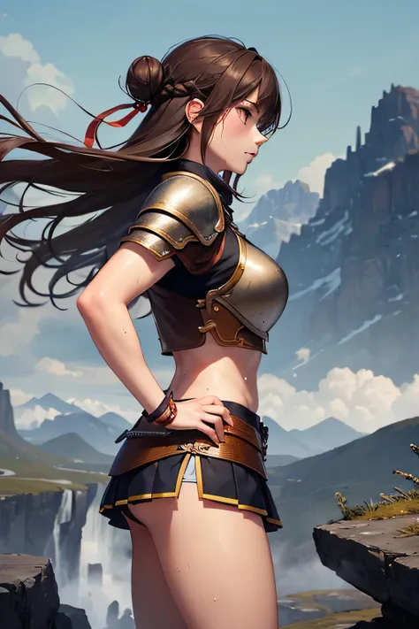 muscularity,(insolence),Female warrior,Long brown hair in a single bun.,(cloth armor),desolate mountain,in a fantasy setting,strong wind, sweat,serious expression,(((mini skirt))),(panty shot),(((photo taken from the side)),