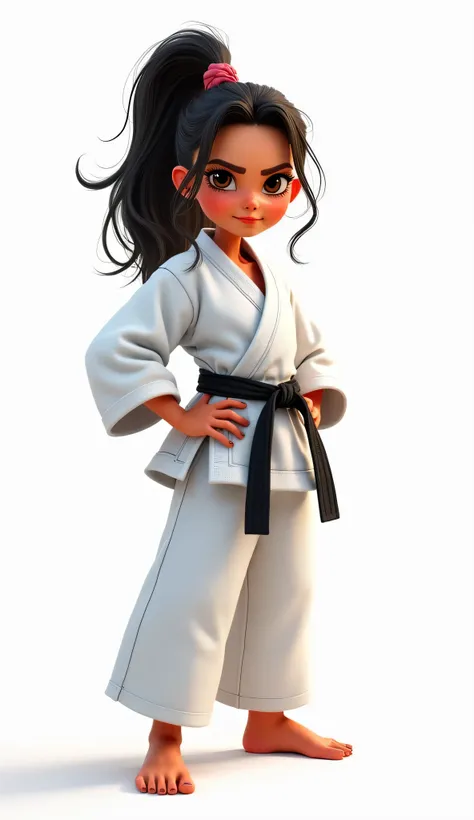 Pixar style, a little Brazilian girl wearing a white kimono, black belt, white background, punk style, hands holding the belt at the waist, strong martial arts pose jiu jitsu bjj style, rich colors