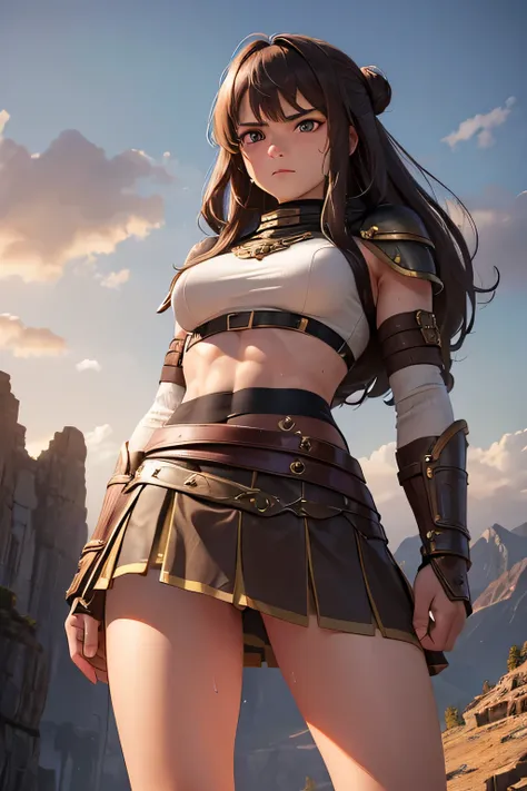 muscularity,(insolence),Female warrior,Long brown hair in a single bun.,(cloth armor),desolate mountain,in a fantasy setting,strong wind, sweat,serious expression,(((mini skirt))),(panty shot),(((photo taken from below)),