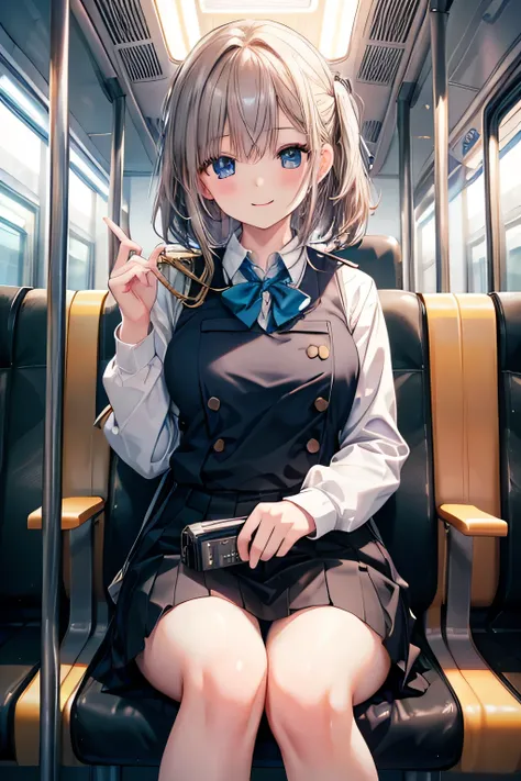  best quality , Masterpiece,  super high definition, (reality: 1.4),   original photo ,  One Girl,  mature, JK uniform in white , Happy smile, ,  crouching on the train seat,  Cinema Lighting