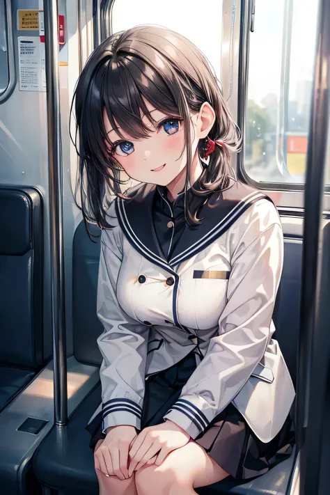  best quality , Masterpiece,  super high definition, (reality: 1.4),   original photo ,  One Girl,  mature, JK uniform in white , Happy smile, ,  crouching on the train seat,  Cinema Lighting